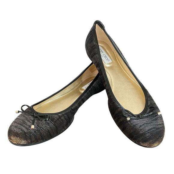 Jimmy Choo Women’s Round Toe Zebra Metallic Plisse Stripe Black Ballet Flats - Picture 11 of 11